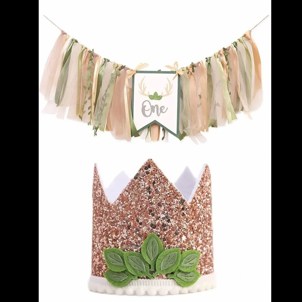 Woodland First Birthday Decorations ONE high chair banner and gold sparkly crown